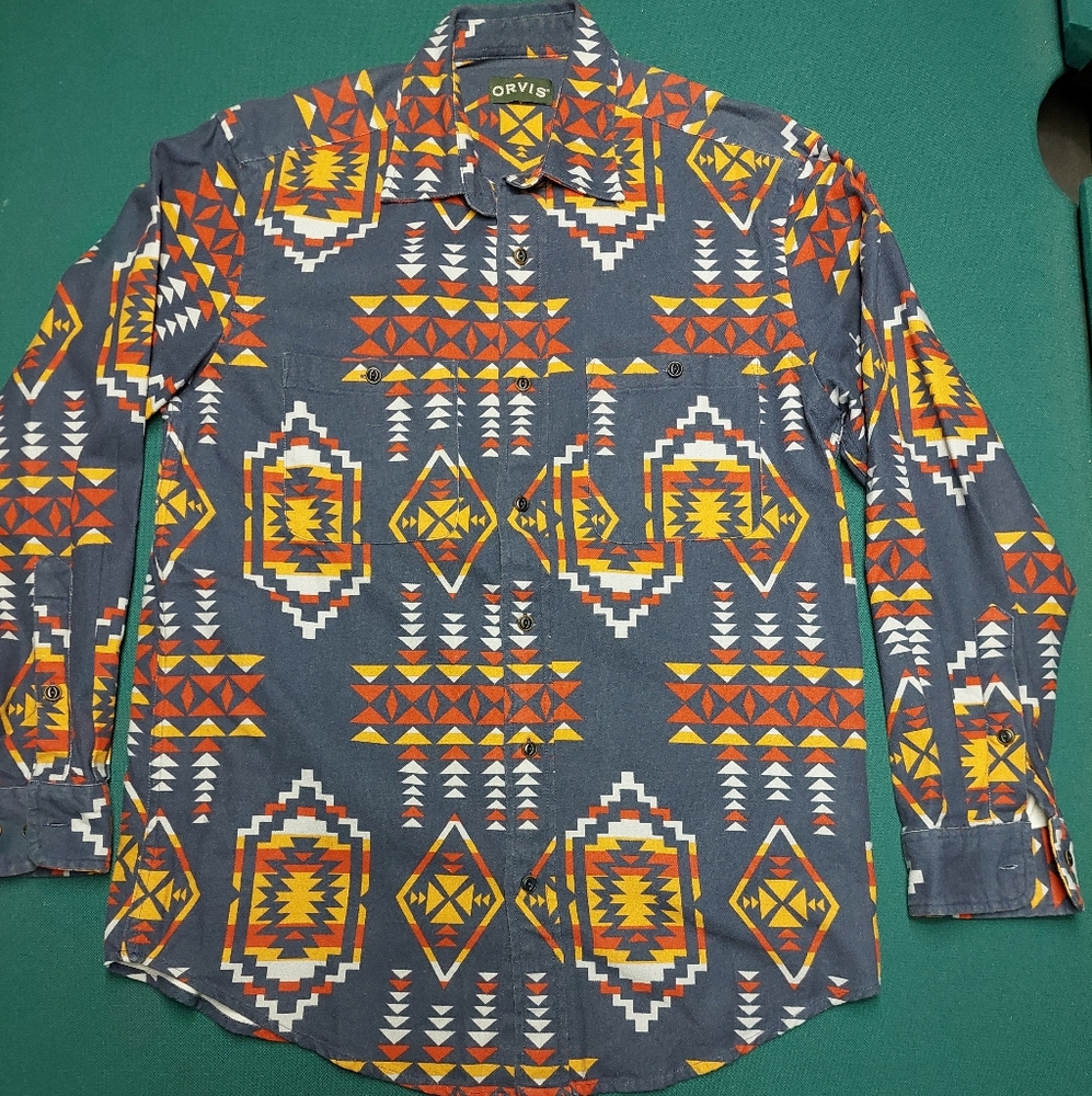 Orvis Men's Medium Button Up Shirt Aztec design